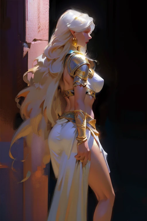 (back view),((ultra realistic illustration:1.2)),(dark fantasy:1.4), In a desert kingdom. Beautiful exotic princess, long white hair, electric blue eyes. dark tan skin, gorgeous fit figure, toned legs,natural breasts, abs, perfect round ass, perfect skin, ancient Persian inspired dress, gold jewelry, navel piercing, Egyptian eye makeup, pomegranate red lips, gold sandals. Masterpiece, (highly detailed:1.2),(detailed face and eyes:1.2), 8k wallpaper, natural lighting. core shadows, high contrast, bokeh.