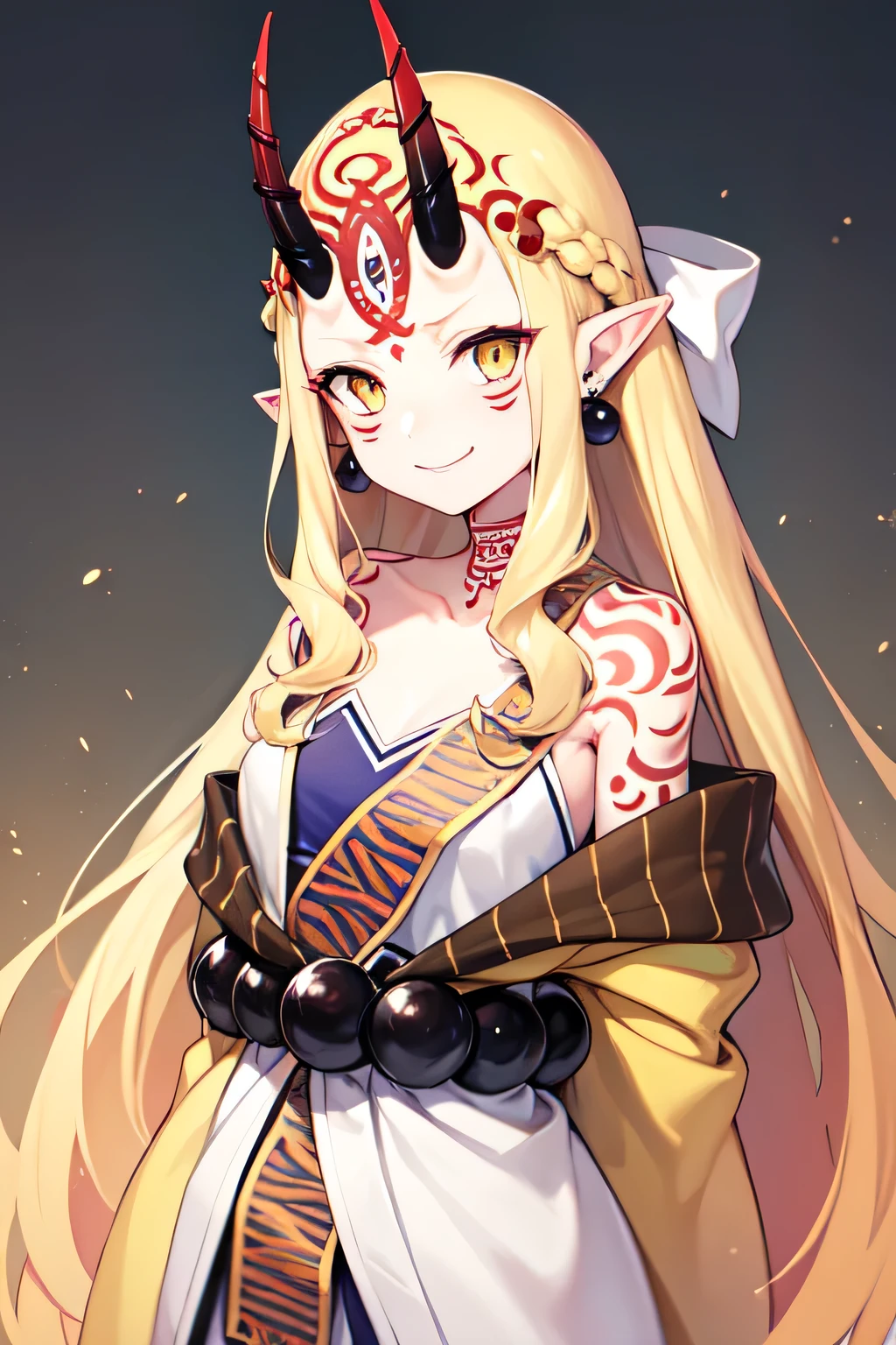 1girl, solo, (ibaraki_douji), blonde, yellow eyes, oni horns, japanese clothes, pointy ears, kimono, bare shoulders, off shoulder, yellow kimono, flat chest, forehead, ((arms behind back)), hair accesories, straight hair, jewelry, earrings, large smile, smug, upper body, standing, masterpiece, best quality, 8k, beautiful