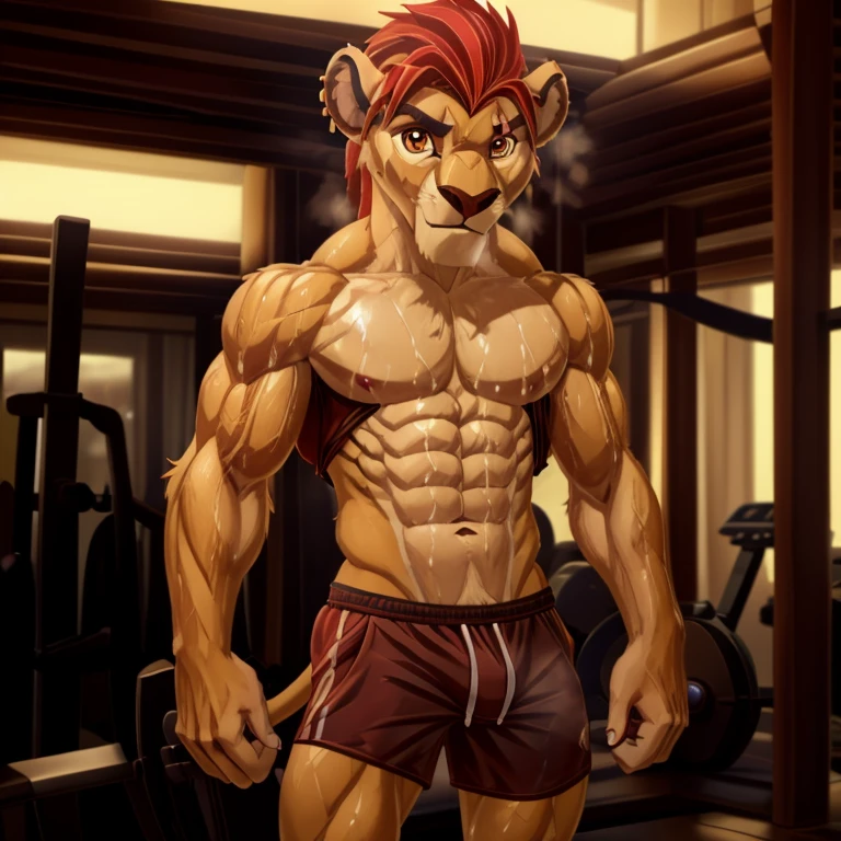 ,Slim, very Slim, very thin waist.masterpiece, detailed, beautiful digital art, masterpiece, 4K, small parts, Anthro, a lion, male, ((male род)), good quality anatomy, ((beautiful eyes)), orange eyes, Red Mane, ((beautiful hands, detailed hands)), (I look at the viewer), I look at the viewer, whole body, scar, scar on left eye, anime style,Slim, , very thin waist, Cute, muscular. in shorts,, Apparel, ,,Cozy atmosphere,,inflection, big biceps, In shorts,gay, a fag,very pumped up,a gift.(musk), (musk clouds:1.4), sweaty,,  (gym background:1.4). ((реалистичная Apparel:1.6). (pike biceps:1.5,).posing.sweating.without sleeves,  piercing,  without sleeves 