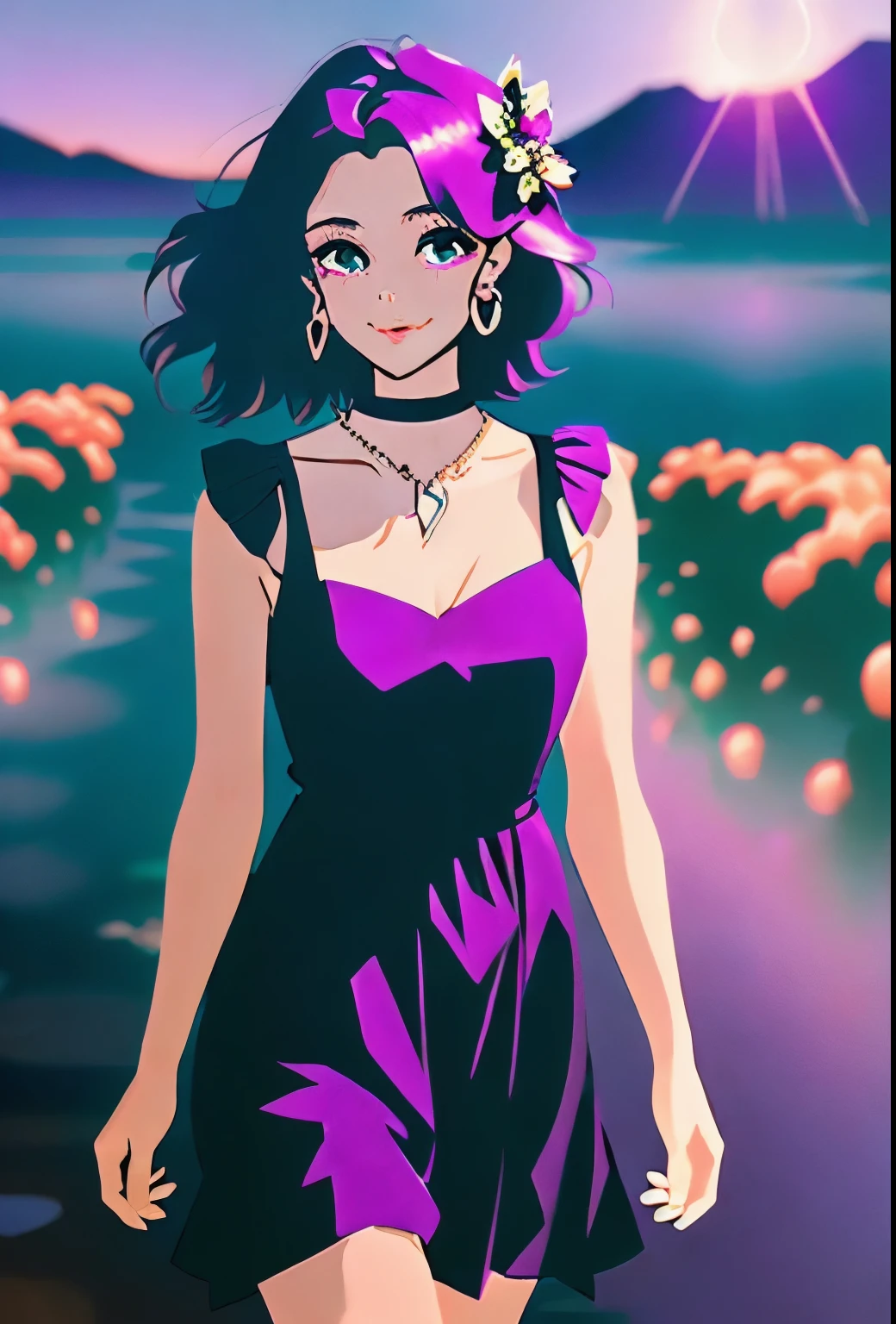 1. **Style and setting:**
- The illustration must have a detailed and realistic anime style.
- The setting must be dark, with predominantly purple and lilac tones, suggesting a nocturnal or dark interior atmosphere.
2. **Main character:**
- **Face and expression:**
- The character must have a young and feminine face, with a serene and slightly pensive expression.
- Large and bright eyes, deep violet with luminous details.
- Long and defined eyelashes.
- Soft and well-defined lips, with a slight pink sheen.
- **Hair:**
- Deep purple hair, with lighter highlights to give depth and volume.
- Hairstyle with soft curls and volume, partially gathered with a decorative clip.
- The clip must have details in pastel colors, especially pink and yellow, with a delicate design.
3. **Accessories:**
- **Glasses:**
- Thin-framed, translucent glasses in lilac tones.
- Large glasses that frame the character's eyes well.
- **Jewelry:**
- Long, elegant earrings with details in purple and silver tones.
- Delicate necklace with a small pendant, with silver details and a touch of lilac.
- Dark purple ribbon choker with a minimalist design.
4. **Clothing:**
- **Top:**
- Black blouse with lace details on the edges.
- Moderate V-neckline, showing an additional necklace with a simpler design.
- **Accessories:**
- A light jacket or cape over the shoulders, also in dark tones, probably black or a very dark purple.
- Additional details in the clothing should include small flashes or reflections that follow the predominant color scheme.
5. **Background:**
- Dark background, but not completely black, with subtle gradients of purple and dark blue.
- Add diffuse elements in the background to give depth, such as soft, diffused lights that suggest a dim room or interior space.
- Include a thin frame around the illustration in a shade slightly lighter than the background, to highlight the main character.