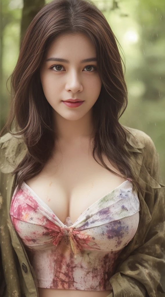 Primeval forest（（splash of color，Splash ink、Color splattering）），navel，cleavage，（Bigchest：1.2）closeup cleavage，Quiet，Rustic，High-definition details、Clothes are soaked，It was raining heavily，Soaked clothes