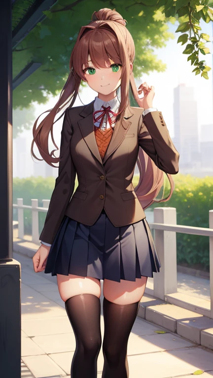 ddlcmonika, ddlcmonika, blunt bangs, brown hair, (green eyes:1.5), long hair, ponytail, ribbon, white ribbon, hair ribbon, sidelocks,
BREAK black thighhighs, blue skirt, brown jacket, jacket, long sleeves, mary janes, over-kneehighs, pleated skirt, , shoes, skirt, thighhighs, zettai ryouiki
BREAK looking at viewer smiling,
BREAK in the park, summer
BREAK (masterpiece:1.2), best quality, high resolution, unity 8k wallpaper, (illustration:0.8), (beautiful detailed eyes:1.6), extremely detailed face, perfect lighting, extremely detailed CG, (perfect hands, perfect anatomy),