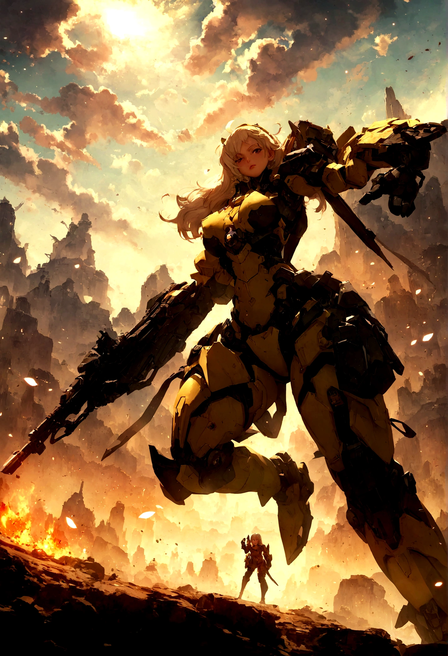 anime - imagem estilo de uma mulher soldado com uma arma em um deserto, Mechanical Valkyrie Girl, mecha feminino, arte conceitual digital de alta qualidade, garota soldado mecanizada, picture of paladina feminina, girl with mecha cybernetic armor, paladina feminina, cushart krenz arte chave feminino, garota de armadura, 2. arte de fantasia de anime 5 d cgi