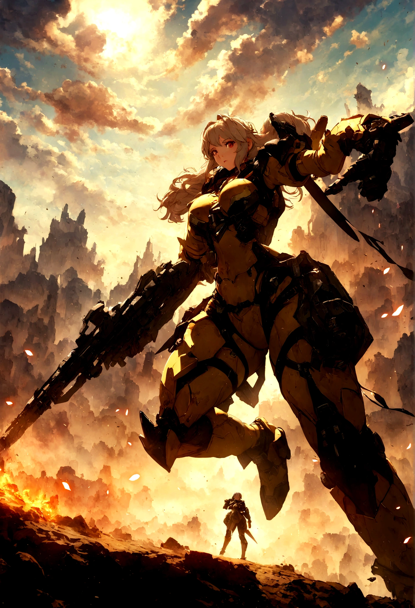 anime - imagem estilo de uma mulher soldado com uma arma em um deserto, Mechanical Valkyrie Girl, mecha feminino, arte conceitual digital de alta qualidade, garota soldado mecanizada, picture of paladina feminina, girl with mecha cybernetic armor, paladina feminina, cushart krenz arte chave feminino, garota de armadura, 2. arte de fantasia de anime 5 d cgi