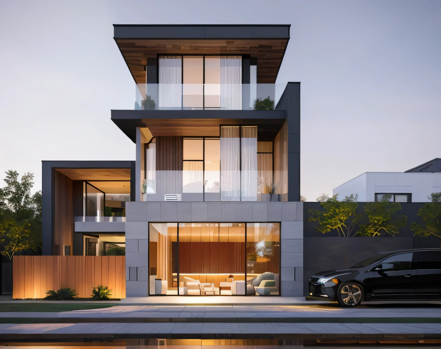 villa modern on the street, exterior, sunset, glass railing, woodandbrick ,architecture, tone black