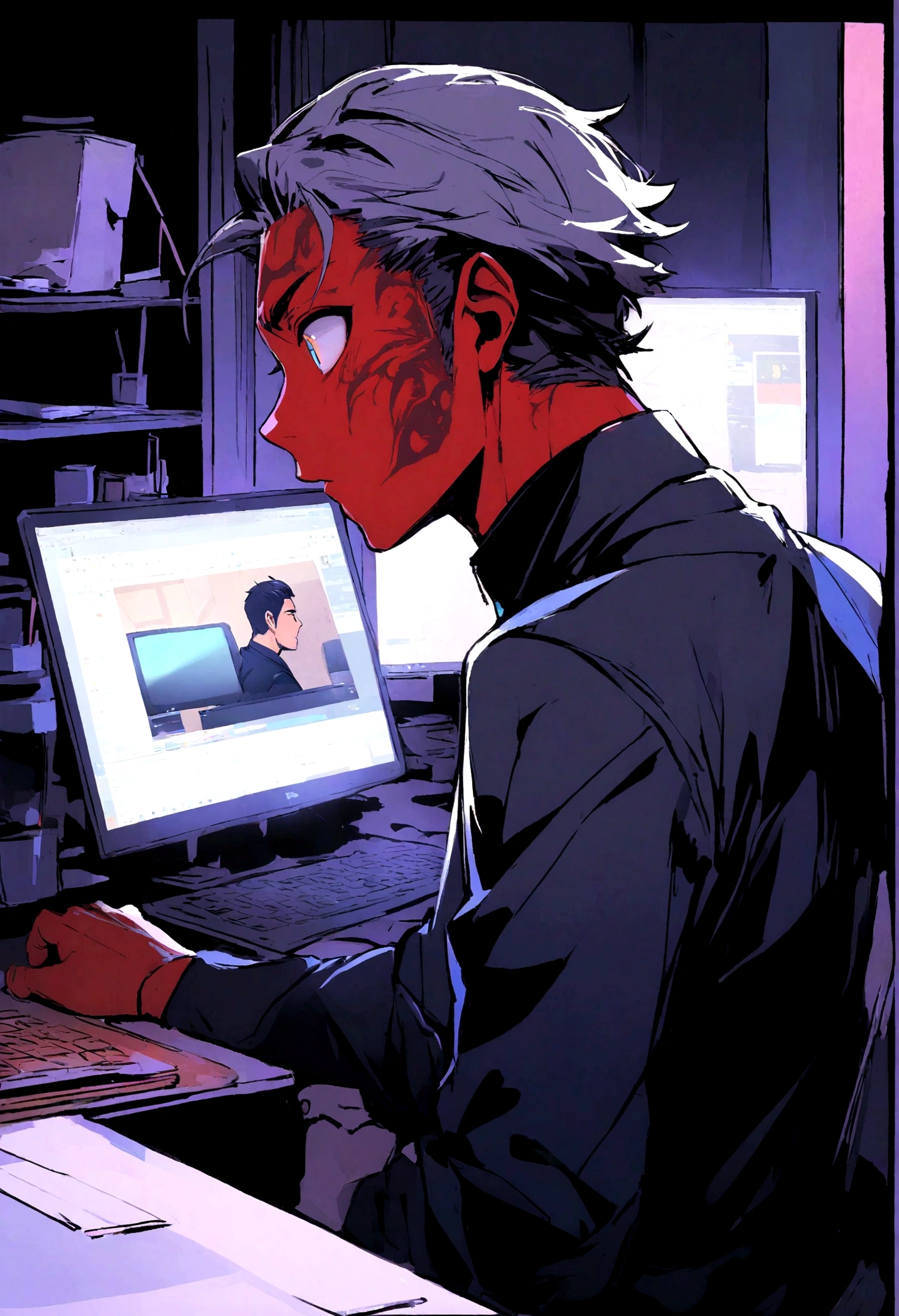 Boys watching porn on their PCs,profile, Red face