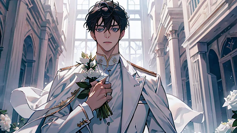 detailed face, holding a bouquet of white roses, handsome young prince, short black hair, light blue eyes, white officer's uniform, white rose, Crystal Rose, Masterpiece, high quality, detailed face, in a greenhouse, all white clothes, bridal clothes, detailed, from the waist up
