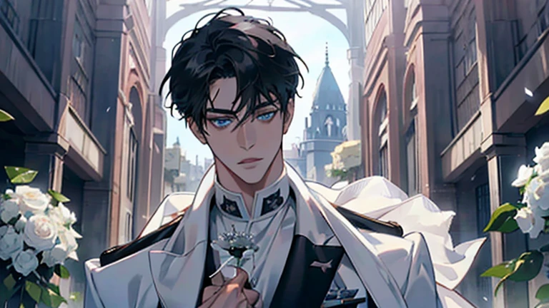 detailed face, holding a bouquet of white roses, handsome young prince, short black hair, light blue eyes, white officer's uniform, white rose, Crystal Rose, Masterpiece, high quality, detailed face, in a greenhouse, all white clothes, bridal clothes, detailed, from the waist up