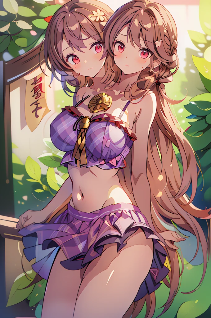 (masterpiece, best quality), best quality, (ultra-detailed), (3heads:1.5), 1girl, (sumireko usami:1.3), masterpiece, best quality, ultra quality, ultra resolution, ultra detail, purple plaid top, crop top, ((stomach)), midriff, ((groin)), purple plaid skirt, normal ears, shackles, brown hair, shoulder-length hair, pigtails, very long hair, wavy hair, sidelocks, brown eyes, detailed eyes, parted lips, sweat, cute, open belly, toned belly, hand on own chest, eyelashes, (24 year old woman:1.3), (masterpiece:1.5), (best quality:1.5), (beautiful detailed), extremely detailed CG, extremely delicate and beautiful, depth of field, (finely detailed face), (perfect details:1.2), (mature female:1.3), wide pelvis, slender, large veiny breast, 16k resolution, highres, very high quality, very high definition, extremely detailed, masterpiece, brown hair, long hair, alluring presence, braid, short skirt, close up, very big tits, huge tits, young, fedora, open belly,