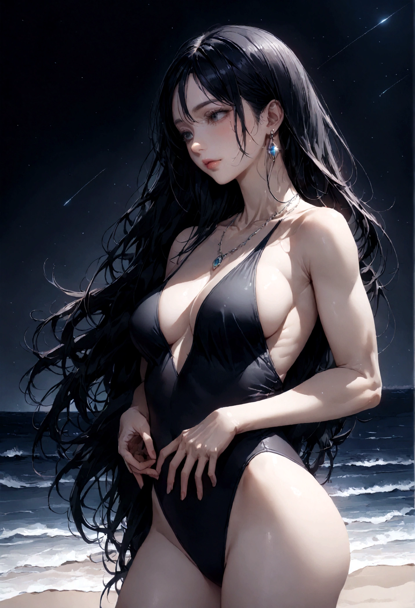 8k, masterpiece, RAW Photos, highest quality, Realistic, Very detailed, Depth of written boundary, Cinematic Light, Anatomically correct body,
One beautiful 40 year old woman, Very beautiful face, Exquisitely detailed face, (A calm and gentle face:1.4), Very delicate skin texture, Transparent muscle, Shiny white skin, Glamorous Body,
(Wavy black long hair:1.2), (Sexy Breasts:1.1), (Sexy ass:1.1),
(White high leg swimsuit:1.2), (Detailed cloth texture:1.2), (Gorgeous necklace:1.1), (Gorgeous earrings:1.1),
(Dark starry background:1.4), (Milky Way:1.1), (milky way:1.1), (shooting star:1.1), (Dark coastline at night:1.4), (Pitch black sea surface:1.4),
(Standing on the beach:1.2),
(Cowboy Shot:1.2),