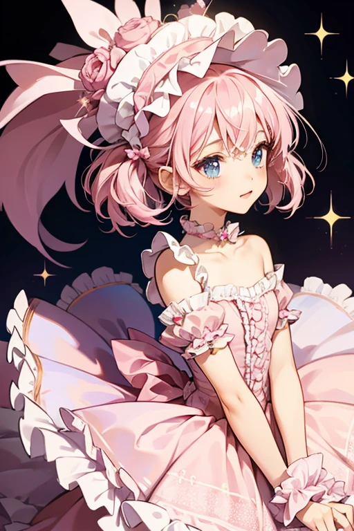 Pinkbotchi's body is light pink with frills at the bottom, and she also wears a dark pink frilly hat with a small knob on the top. SPARKLE; GLITTER