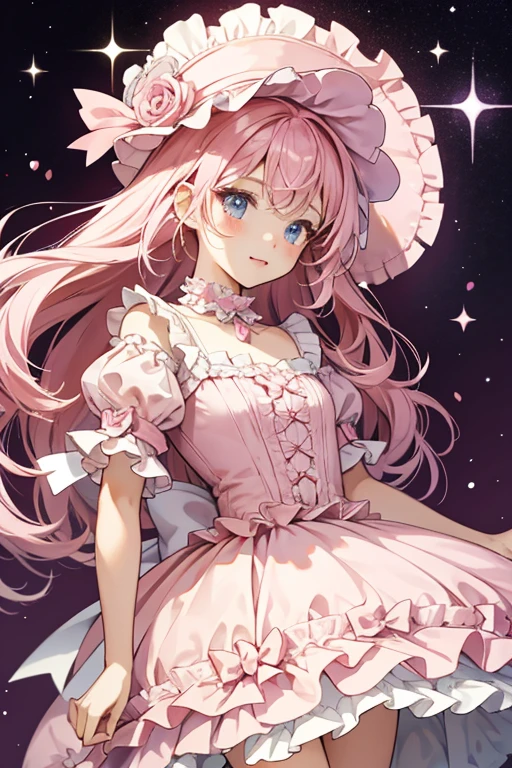 Pinkbotchi's body is light pink with frills at the bottom, and she also wears a dark pink frilly hat with a small knob on the top. SPARKLE; GLITTER