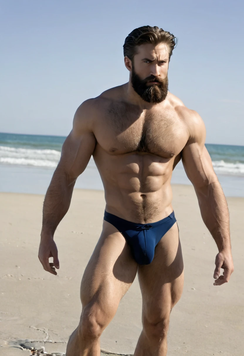 male sexy, muscle, bearded, at the beach, logan, xmen, only whear a small slip