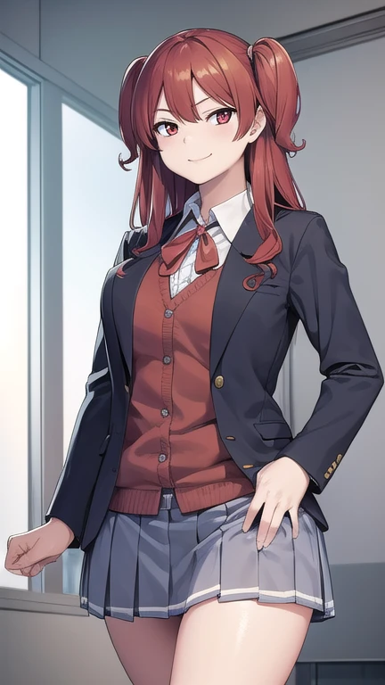 chihotoshima, chiho toshima, long hair, (red eyes:1.3), red hair, two side up, smile, smug,
BREAK skirt, shirt, long sleeves, ribbon, , jacket, pleated skirt, socks, collared shirt, miniskirt, blazer,
BREAK indoors, classroom,
BREAK looking at viewer, (cowboy shot:1.5),
BREAK (masterpiece:1.2), best quality, high resolution, unity 8k wallpaper, (illustration:0.8), (beautiful detailed eyes:1.6), extremely detailed face, perfect lighting, extremely detailed CG, (perfect hands, perfect anatomy),