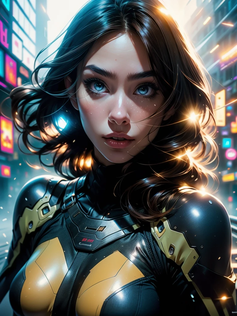 High-resolution image, masterpiece, full-body image, glamorous beauty with hair standing on end in the wind, double eyelids and sharp eyes, thick lips, realistic texture of tanned skin, loose overalls, sleeveless, boots on bare feet, gesture of jumping on the spot with both hands raised, angle from above and in the front, photorealistic, ink-colored background