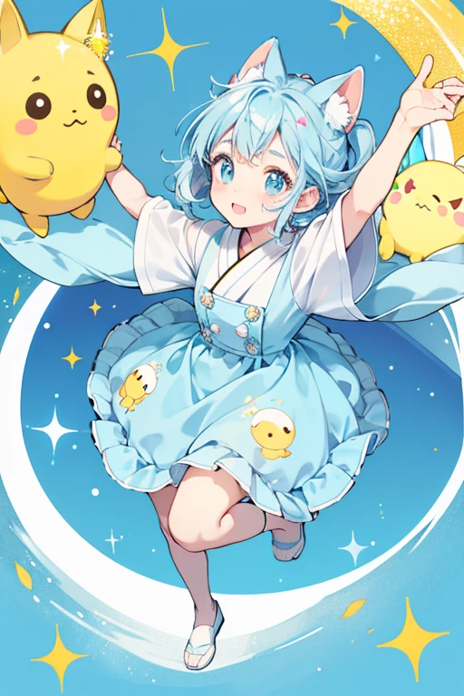 Pipopapotchi has a light blue body with a white face. She has a square head, rectangular arms, and small stubby feet. She has dark rectangular eyes with square reflections, and pale blue rectangular cheek spots. She has round ears on top of her head with each have a circle inside, one red and one yellow. SPARKLE; GLITTER