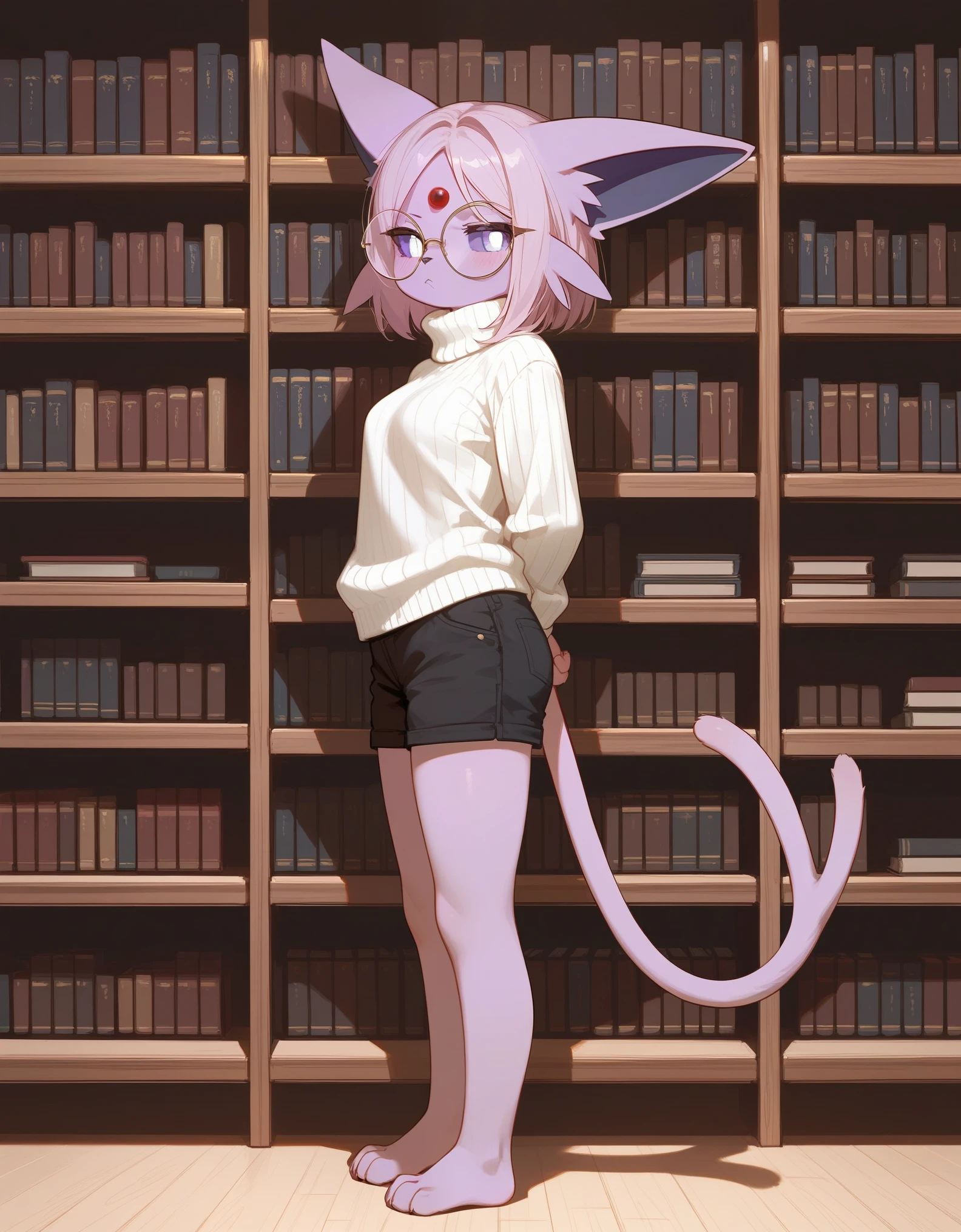 score_9,score_8_up,score_7_up, anthro furry female espeon Pokemon, espeon tail, purple sclera, white eyes, wearing lacy white bra and panties, in a library, sitting on a desk, aroused expression, eyes half closed, blushing, rear view