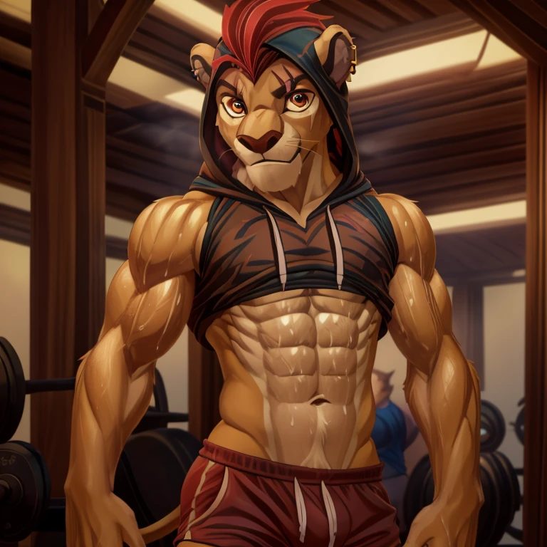 ,Slim, very Slim, very thin waist.masterpiece, detailed, beautiful digital art, masterpiece, 4K, small parts, Anthro, a lion, male, ((male род)), good quality anatomy, ((beautiful eyes)), orange eyes, Red Mane, ((beautiful hands, detailed hands)), (I look at the viewer), I look at the viewer, whole body, scar, scar on left eye, anime style,Slim, , very thin waist, Cute, muscular. in shorts,, Apparel, ,,Cozy atmosphere,,inflection, big biceps, In shorts,gay, a fag,very pumped up,a gift.(musk), (musk clouds:1.4), sweaty,, (gym background:1.4). ((реалистичная Apparel:1.6). (pike biceps:1.5,).posing.sweating.without sleeves, hood, hoodie, piercing, hood down. without sleeves hoodie, Dominant, Very Close to the Viewer,