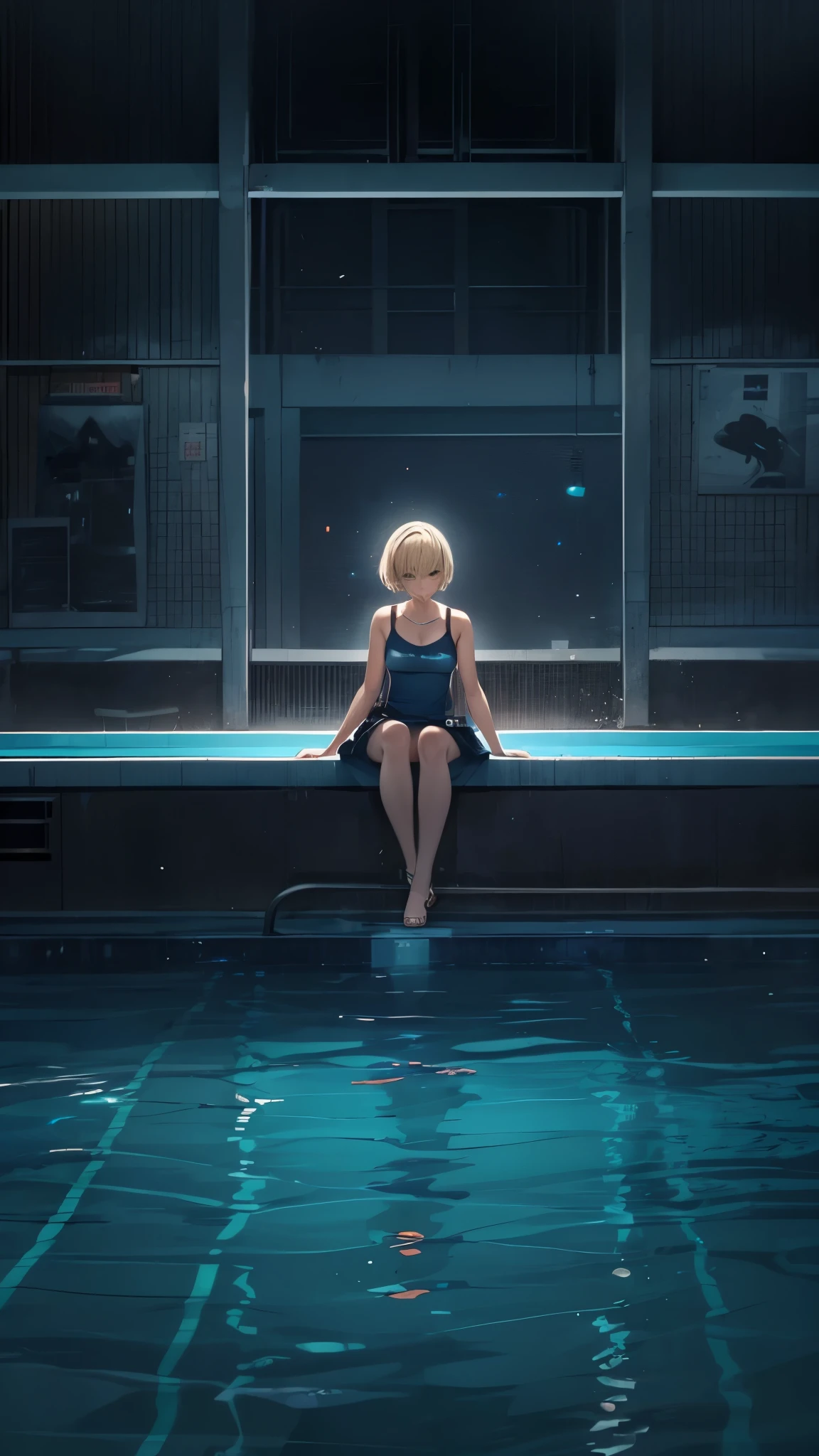 Inside the backroom’s world,Inside the closed pool rooms,outside the dark world,the pools gones forever,space,one 20years old woman,blonde short hair,sitting on the pool side,