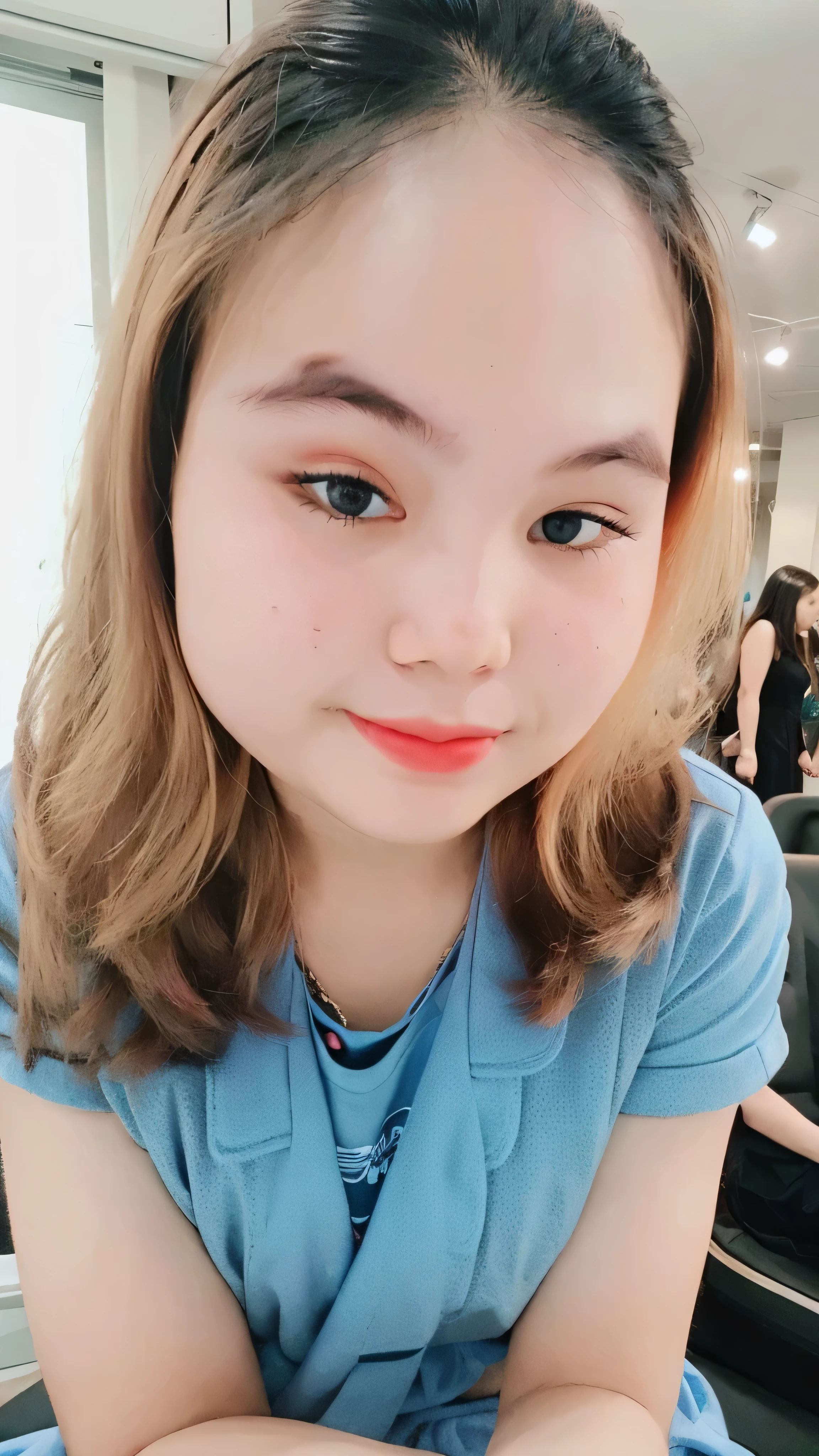 a cute girl with highly detailed eyes and face, realistic face, long brunette hair with bangs, smaller and flat chest, small waist, beautiful thighs, off-shoulders top, shorts jeans, whole body portrait, (best quality,4k,8k,highres,masterpiece:1.2),ultra-detailed,(realistic,photorealistic,photo-realistic:1.37), photography, cinematic lighting, warm colors, intricate details, dynamic pose
