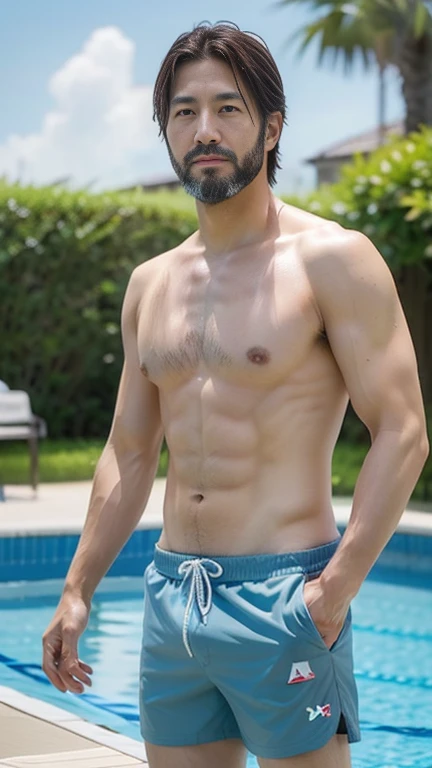 45 year old Japanese man、Swimming pool-Standing beside Lu、Standing in only swimming trunks,The head is short and gray.、Beard is stubble、Muscular and rugged feel、(masterpiece, highest quality, High resolution, Photo realistic, sharp, RAW Photos, perfection, Very detailed),