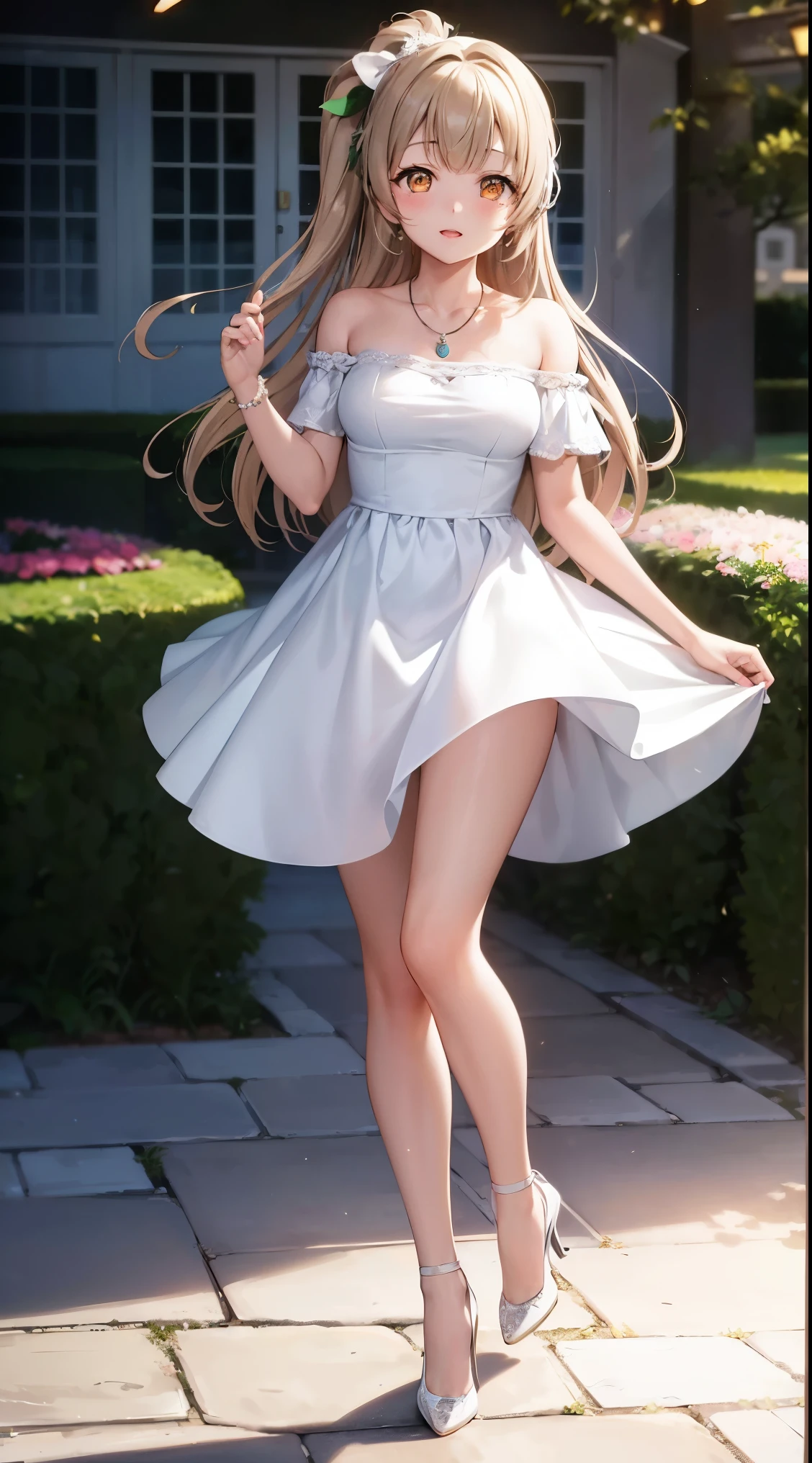 Minami Kotori, One side up, Hair Ribbon, masterpiece, top quality, high resolution, unity 8k wall paper, illustration, detailed eyes, extra detailed face, Highly detailed CG, glossy lips, light makeup, standing, necklace, (garden), off the shoulder, wedding dress, high heels