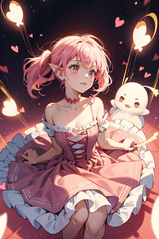 Piratchi has a round white head with two ears that look like red hearts, similar to UFOtchi. Her body looks like a pink dress. She is seen hovering above the ground, revealing her shadow on-screen. SPARKLE; GLITTER