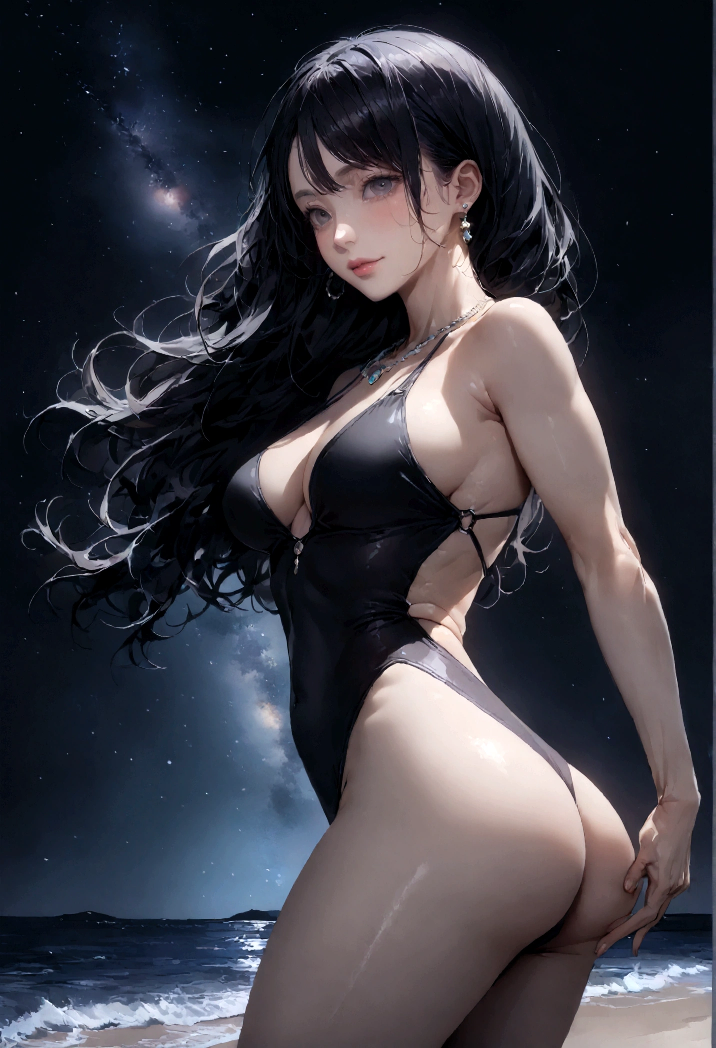 8k, masterpiece, RAW Photos, highest quality, Realistic, Very detailed, Depth of written boundary, Cinematic Light, Anatomically correct body,
One beautiful 40 year old woman, Very beautiful face, Exquisitely detailed face, (A calm and gentle face:1.4), Very delicate skin texture, Transparent muscle, Shiny white skin, Glamorous Body,
(Wavy black long hair:1.2), (Sexy Breasts:1.1), (Sexy ass:1.1),
(White high leg swimsuit:1.2), (Detailed cloth texture:1.2), (Gorgeous necklace:1.1), (Gorgeous earrings:1.1),
(Dark starry background:1.4), (Milky Way:1.1), (milky way:1.1), (shooting star:1.1), (Dark coastline at night:1.4), (Pitch black sea surface:1.4),
(Standing on the beach:1.2),
(Cowboy Shot:1.2),