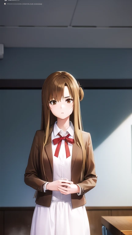 asunayuuki, asuna yuuki, long hair, brown hair, (brown eyes:1.8), (small breast:1.2),
BREAK skirt, shirt, long sleeves, ribbon, , jacket, white shirt, red ribbon, black jacket, neck ribbon,
BREAK indoors, classroom,
BREAK looking at viewer, (cowboy shot:1.5),
BREAK (masterpiece:1.2), best quality, high resolution, unity 8k wallpaper, (illustration:0.8), (beautiful detailed eyes:1.6), extremely detailed face, perfect lighting, extremely detailed CG, (perfect hands, perfect anatomy),