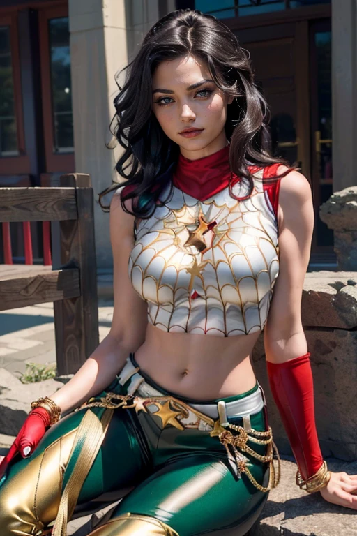 ( Masterpiece, 4k resolution, ultra-realistic, very detailed) ((realistic) (cinematic) (A beautiful female Turkish superhero  , (green eyes) and (long dark brown wavy hair), she wears a (red sleeveless outfit with a star symbol on her chest)   (, with gold bracelets and a gold belt) (midriff) (White pants) (long red knee boots)  8K UHD 