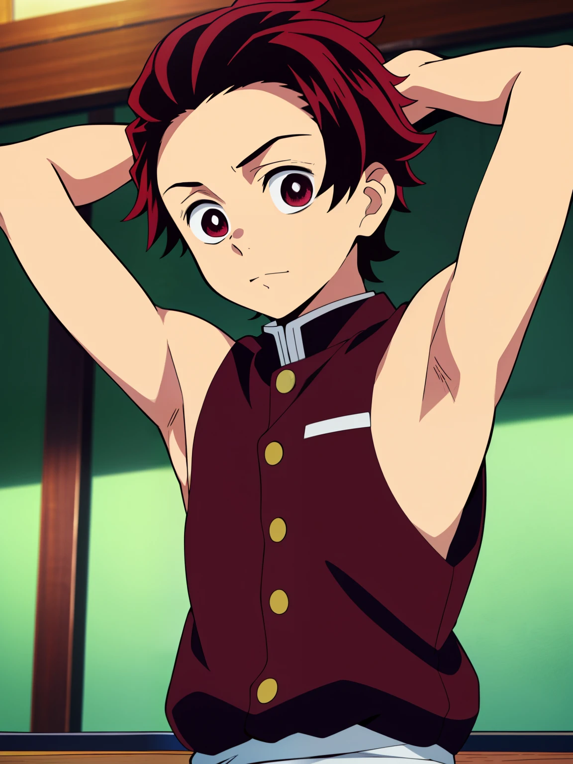 1 boy,kamado_tanjirou, day,  masterpiece, Kamado Tanjiro from Demon Slayer, (showing armpit:1.3), (shirtless, topless, bare chest), (without clothes), (slim body, medium body), shirt collar, bunny ear, body only, sweat