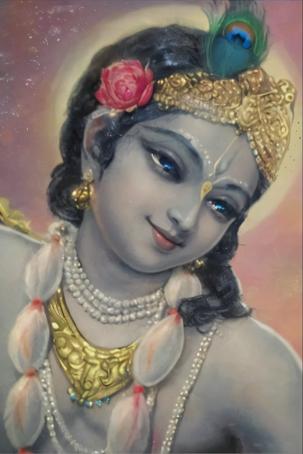 Lord Krishna, 9 years old, bluish skin, adorable face, half closed lotus eyes, divine smile, golden ornaments, peacock feather, lotus garland, divine aura