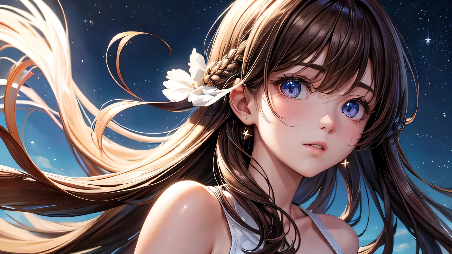 Beautiful woman 1.3, Beautiful brown hair、Straight Long Hair: 1.2, summer: 1.2,night: 1.1, Ultra-high resolution, Accurate, Super detailed, Textured skin, High detail, highest quality, 8k,Thin bangs,Upper Body,Well-drawn eyes, Focus on the face,White cross strap tank top dress,Detailed hair depiction,Detailed depiction of eyes、Detailed depiction of hair、Upper Body、Starry Sky