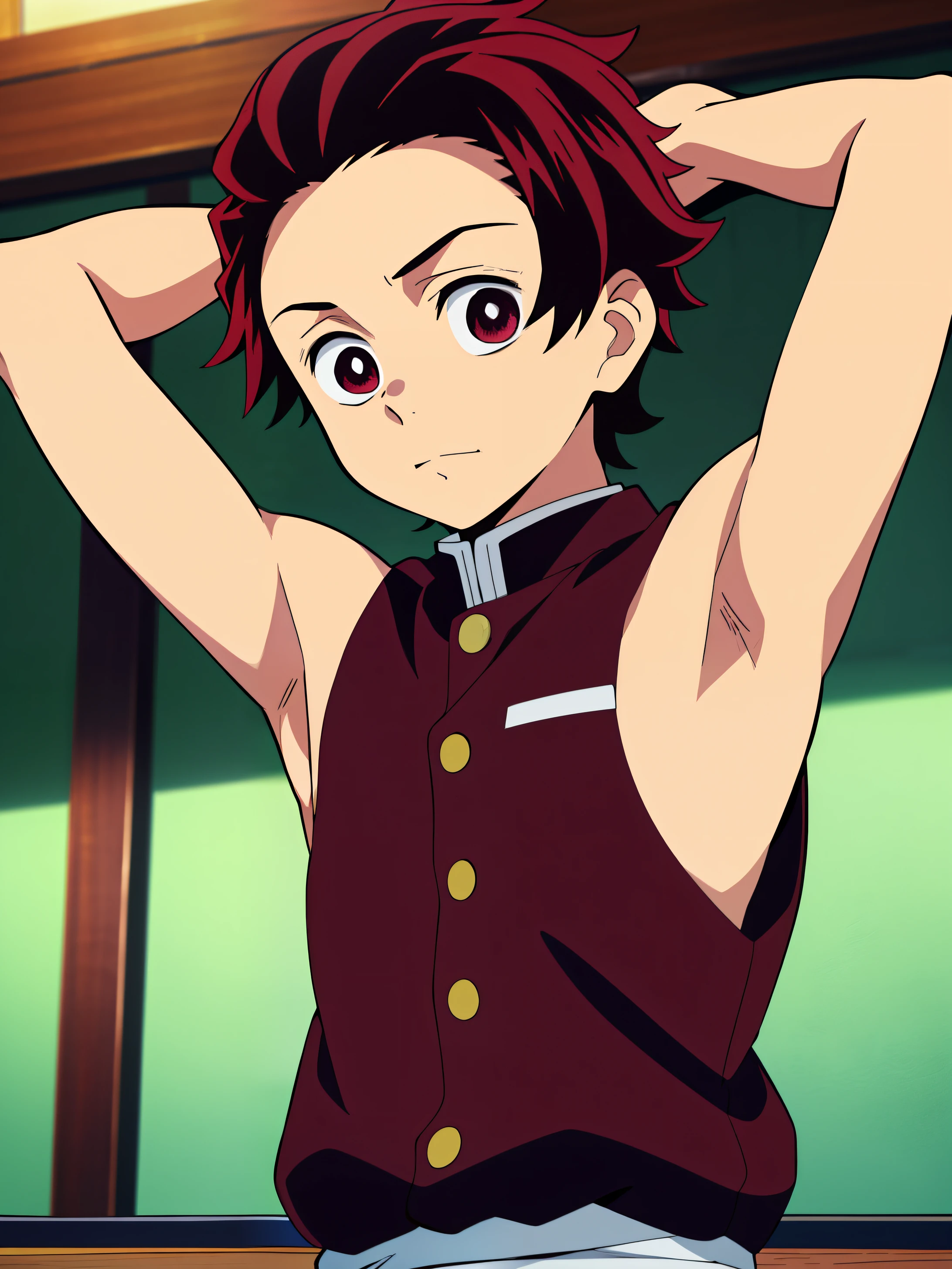 Anime style, Highres, Masterpiece, Best quality at best,High-quality illustrations, Best Quality,hight quality, hight detailed, Depth field, Anime screencap style, Tanjiro, 1boy,Little Boy, Shota, Solo person, Red hair, hansome boy, cute face, adorable boy, Bar, Look at viewer, Cheerful boy, Sleeveless vest, Body, Seen from front, (showing armpit:1.3), boy focus, Uhd, 4k