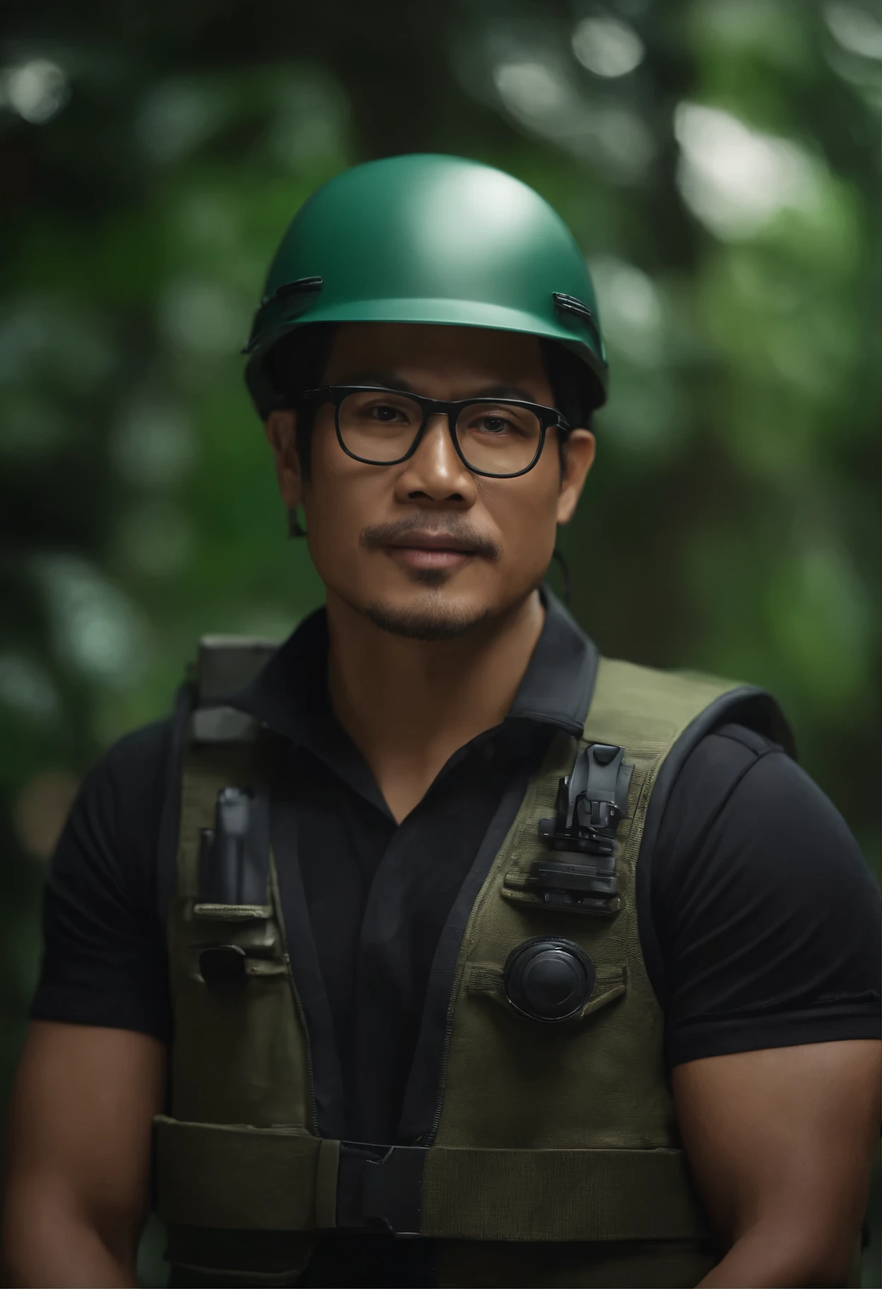 Create very realistic 3D characters with amazingly realistic facial and clothing details! 35 year old Indonesian man, wearing a project helmet, wearing glasses, wearing a shirt covered with a green project vest. with a studio photo background and very realistic lighting effects. uhd, 8k