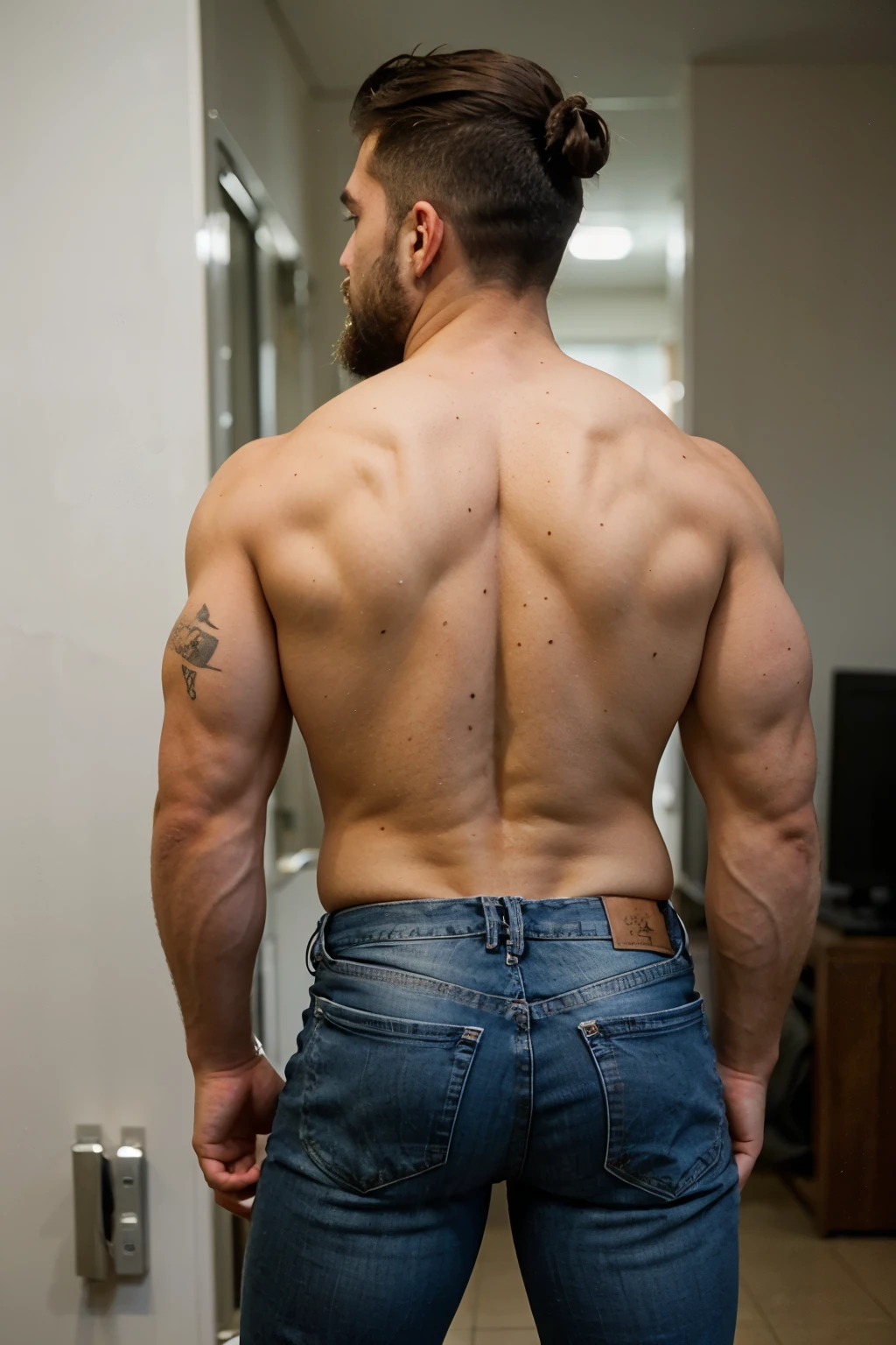 muscular manly man bald with beard, 25 years old, full body, with his back turned, naked beige jeans.
