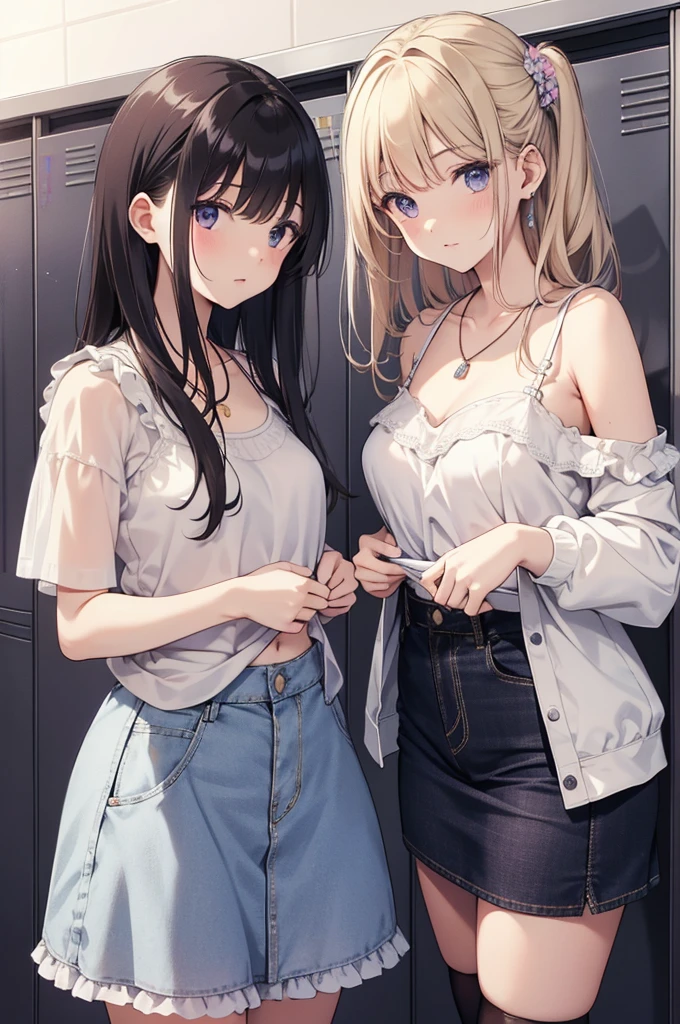 delicate,masterpiece, highest quality, pretty girl, , Scrunchie hair ornament, Thin white camisole,Lace ruffles,denim pencil mini skirt, Denim flared skirt,Patterned stockings, necklace, skinny , Purple and black bra,((delicateなレースのパンティーを披露)),Inside the locker room