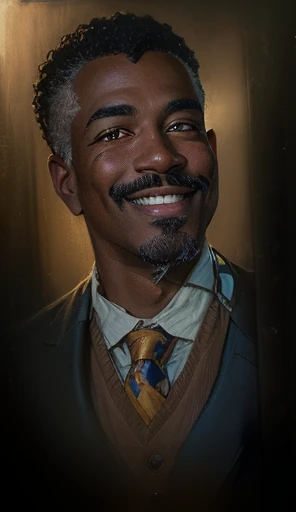 arafed drawing of a man with a mustache and a tie, brown skin man with a giant grin, a portrait of the character, pulp character portrait, inspired by William Grant Stevenson, inspired by Harvey Dunn, inspired by James E. Brewton, artwork of pedro bell, character portrait closeup, inspired by Clarence Holbrook Carter, painted character portrait, inspired by Maxwell Bates