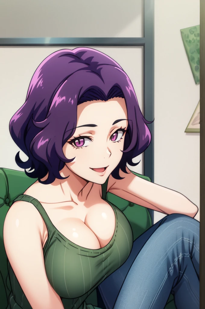 highest quality, (masterpiece:1.2), very detailed, sitting, mature woman,
1 girl, alone, Wipe Azusa,
looking at the viewer, smile, open your mouth, crossed legs,
purple eyes, purple hair, short hair, green sweater, black bra straps, Green Jeans,huge breast,(round breast:1.2),cleavage