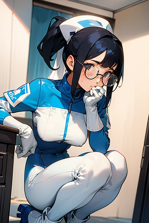 A freckled high school girl with black hair, glasses and ponytails wearing white gloves, white boots and a blue enamel catsuit with a shy look on her face in her room