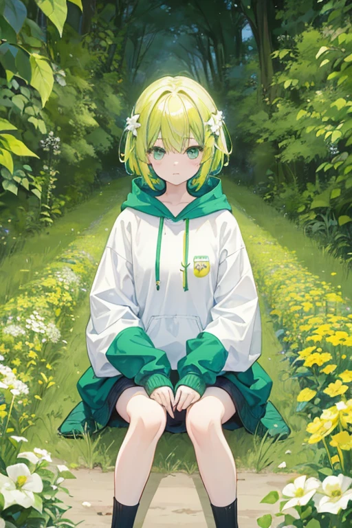 Yellow-green hair、Bob Hair、woman、young、Clothes、Gentle and calm、Solid stuff、Mature、Green Eyes、Oversized, baggy hoodie、Knee-high socks、cute、Flower Field