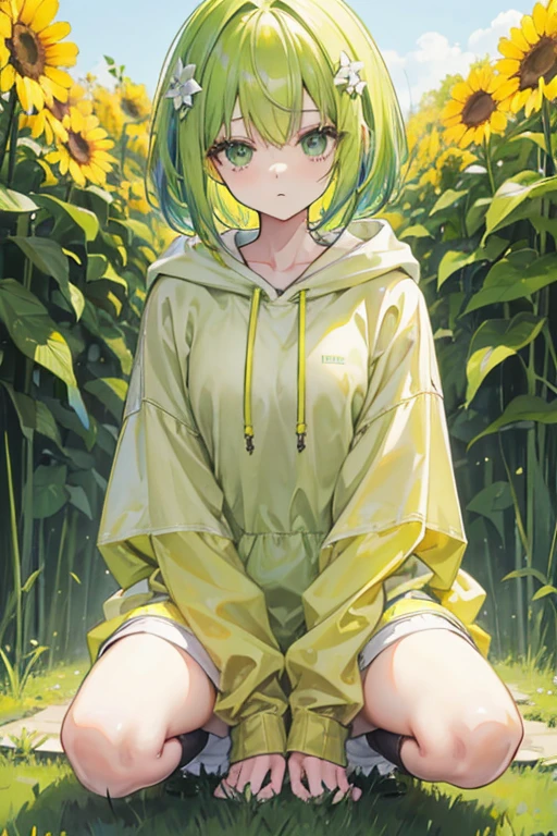Yellow-green hair、Bob Hair、woman、young、Clothes、Gentle and calm、Solid stuff、Mature、Green Eyes、Oversized, baggy hoodie、Knee-high socks、cute、Flower Field