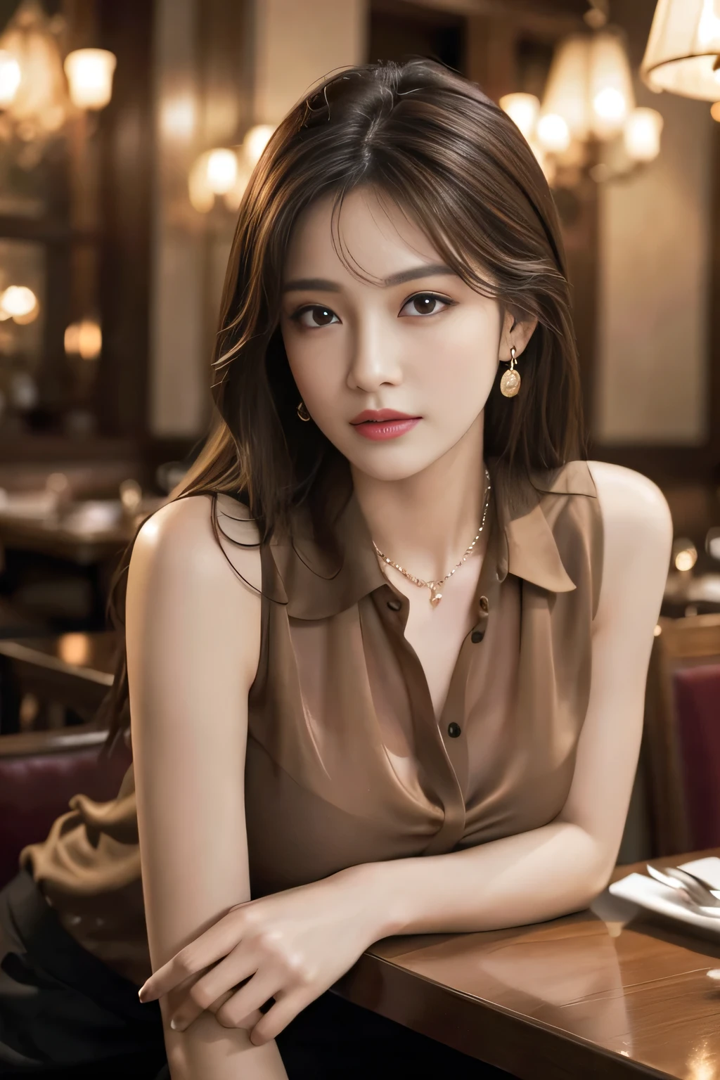 masterpiece, Highest quality, Realistic, Very detailed, Finer details, High resolution, 8k wallpaper, One beautiful woman, Wear a fine colored silk shirt, In a great restaurant, At night, Light brown messy hair, Perfect dynamic composition, Beautiful and beautiful eyes、Big earrings、chest、Sleeveless shirt、