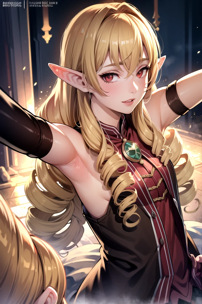 (masterpiece), (best quality), (photorealistic:1.4), perfect face, highly detailed face, highly detailed eyes, elinalise, elf, pointy ears, red eyes, blonde hair, hair drills, arms up, armpits visible
 