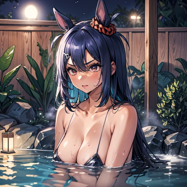 A girl soaking in a hot spring at night、Feeling embarrassed、Her are exposed