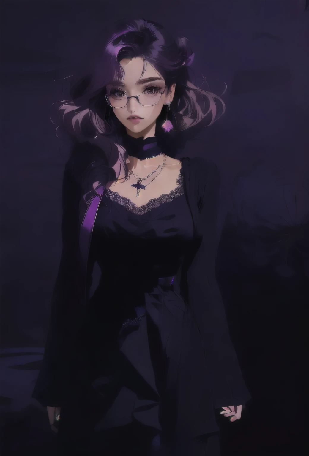 1. **Style and setting:**
- The illustration must have a detailed and realistic anime style.
- The setting must be dark, with predominantly purple and lilac tones, suggesting a nocturnal or dark interior atmosphere.
2. **Main character:**
- **Face and expression:**
- The character must have a young and feminine face, with a serene and slightly pensive expression.
- Large and bright eyes, deep violet with luminous details.
- Long and defined eyelashes.
- Soft and well-defined lips, with a slight pink sheen.
- **Hair:**
- Deep purple hair, with lighter highlights to give depth and volume.
- Hairstyle with soft curls and volume, partially gathered with a decorative clip.
- The clip must have details in pastel colors, especially pink and yellow, with a delicate design.
3. **Accessories:**
- **Glasses:**
- Thin-framed, translucent glasses in lilac tones.
- Large glasses that frame the character's eyes well.
- **Jewelry:**
- Long, elegant earrings with details in purple and silver tones.
- Delicate necklace with a small pendant, with silver details and a touch of lilac.
- Dark purple ribbon choker with a minimalist design.
4. **Clothing:**
- **Top:**
- Black blouse with lace details on the edges.
- Moderate V-neckline, showing an additional necklace with a simpler design.
- **Accessories:**
- A light jacket or cape over the shoulders, also in dark tones, probably black or a very dark purple.
- Additional details in the clothing should include small flashes or reflections that follow the predominant color scheme.
5. **Background:**
- Dark background, but not completely black, with subtle gradients of purple and dark blue.
- Add diffuse elements in the background to give depth, such as soft, diffused lights that suggest a dim room or interior space.
- Include a thin frame around the illustration in a shade slightly lighter than the background, to highlight the main character.