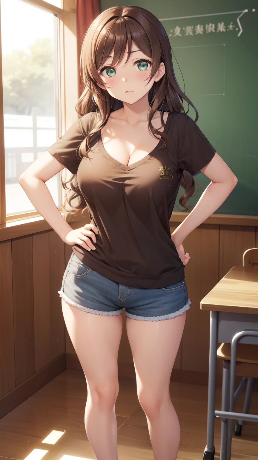 nozomitoujou, nozomi toujou, green eyes, beautiful detailed eyes, brown hair, curly hair, large breasts, masterpiece, best quality, high resolution, good lighting, detailed CG, messy hair, annoyed, short shorts, v-neck top, looking at viewer, glossy lips, classroom, hands on hips, standing, sneakers, full body