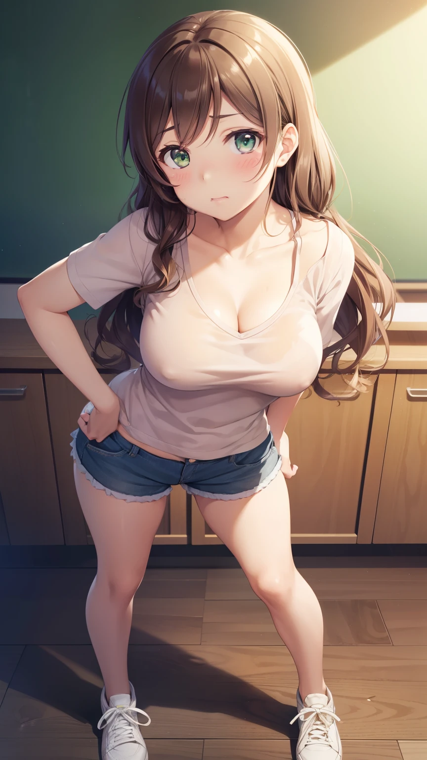 nozomitoujou, nozomi toujou, green eyes, beautiful detailed eyes, brown hair, curly hair, large breasts, masterpiece, best quality, high resolution, good lighting, detailed CG, messy hair, annoyed, short shorts, v-neck top, looking at viewer, glossy lips, classroom, hands on hips, standing, sneakers, full body