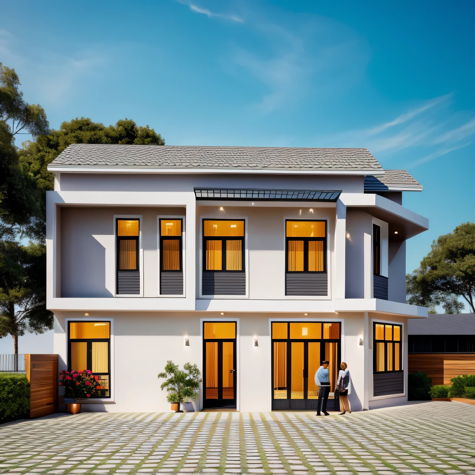 Ultra-realistic 8k, hd image quality, sharp detail, 2-story modern house, main materials: white walls, wooden ceiling accents, large glass windows, roads, cars, sidewalks, American Palm trees high, has a small alley, located in a residential area, modern style, shimmering sky, sunset light, feels peaceful, beautiful, close and warm, ((Warm light from indoor:1.3)), (daylight:1.2), perfect lighting,dynamic light,2 large glass doors,((1 large glass window:1.3)), (night light), (colorful flowers in front of the house)