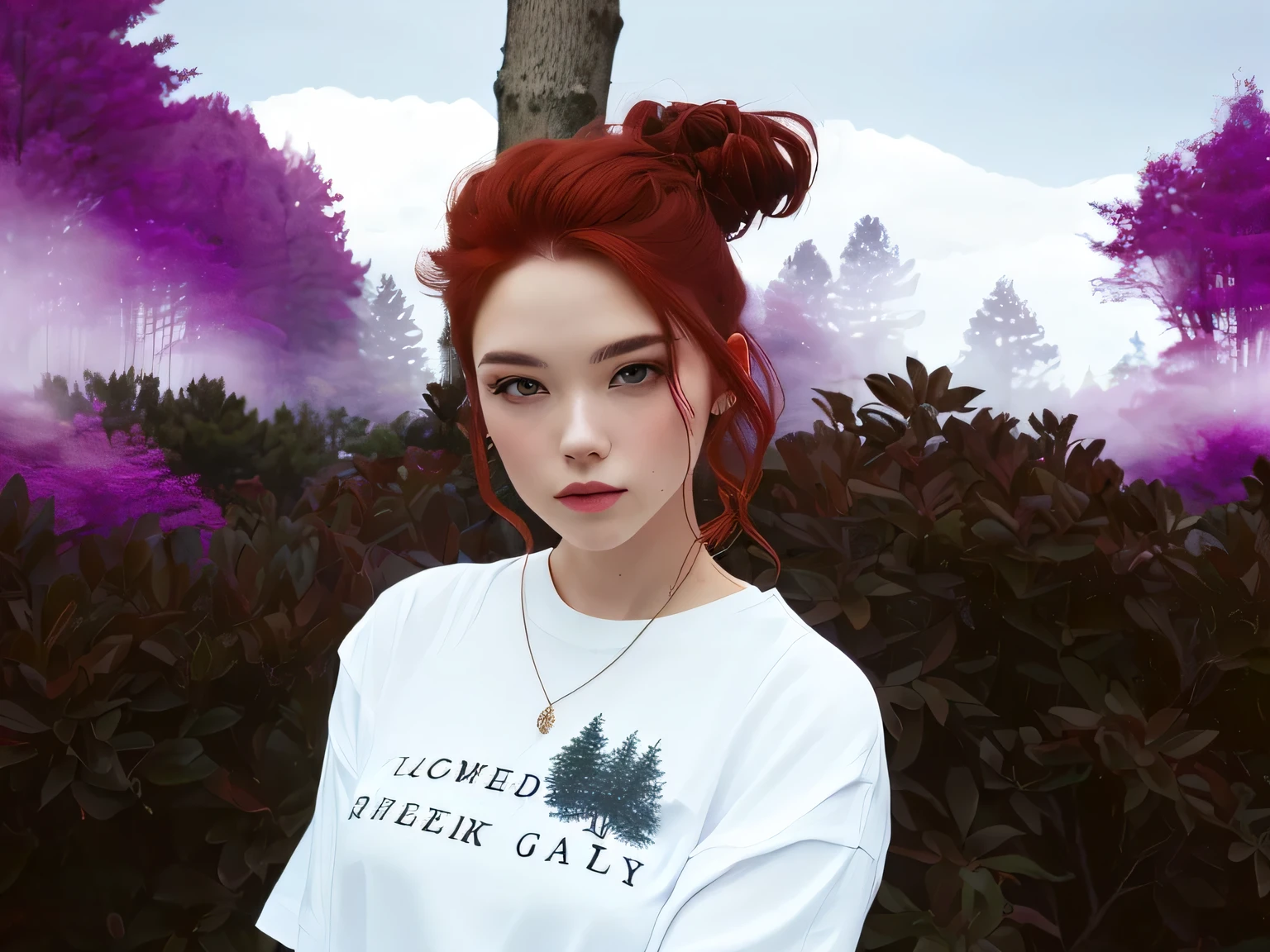 a woman with red hair and a white shirt. standing in park with trees behind her.